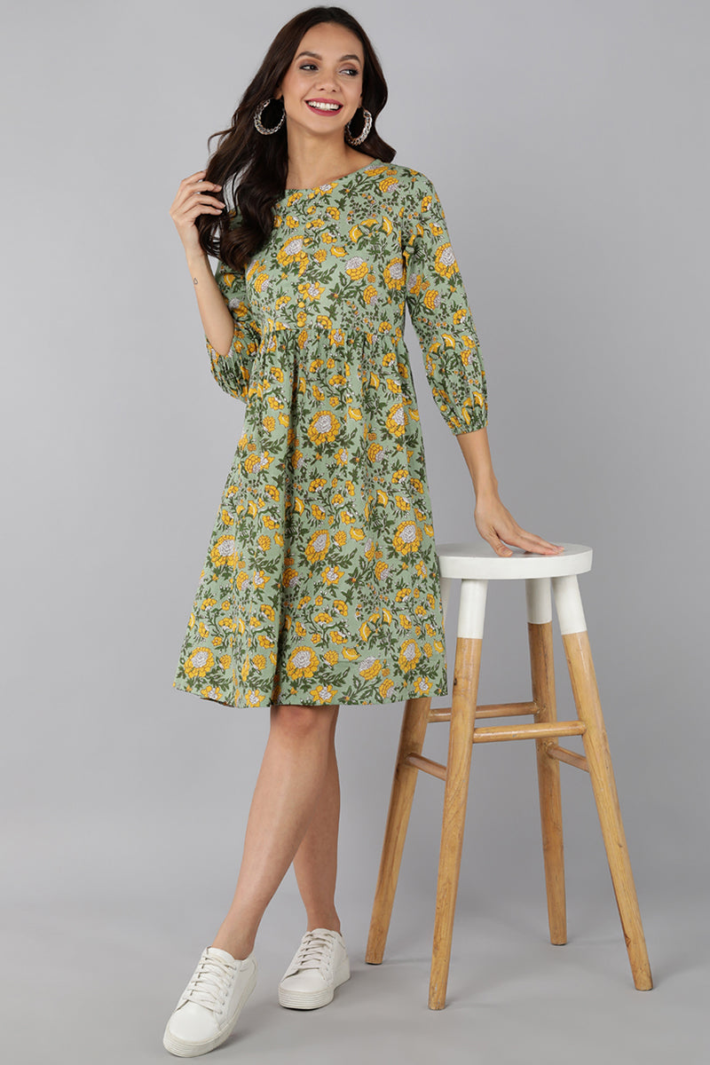 Casual floral printed dress highlighted with multicolor mirror embroid –  Sujatra